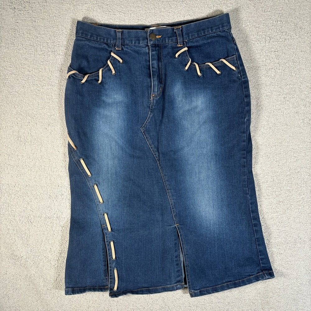 Denim Degree Womens Blue Lace Up Whipstitch Midi Denim Skirt Size 11 Dark Wash